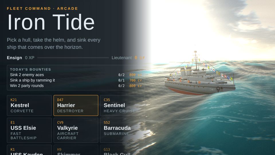Iron Tide main menu with a warship at sea